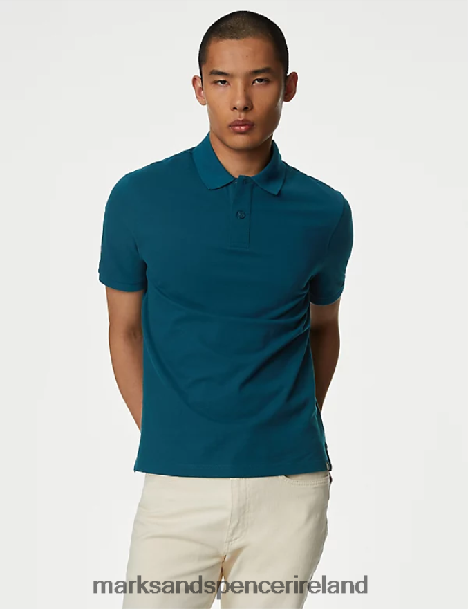 Marks & Spencer Men Pure Cotton Pique Polo Shirt Teal Clothing 2VJ8DF192