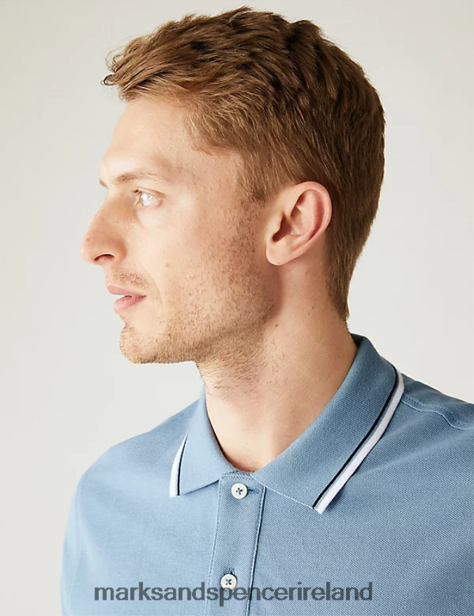 Marks & Spencer Men Pure Cotton Pique Tipped Polo Shirt Light Airforce Clothing 2VJ8DF5059