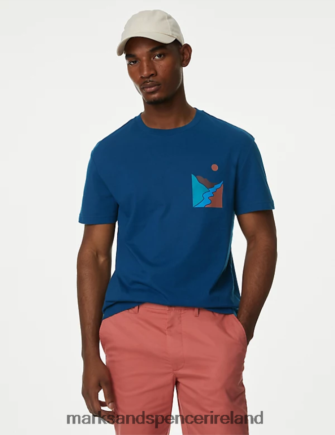 Marks & Spencer Men Pure Cotton River Graphic T-Shirt Dark Blue Clothing 2VJ8DF6187