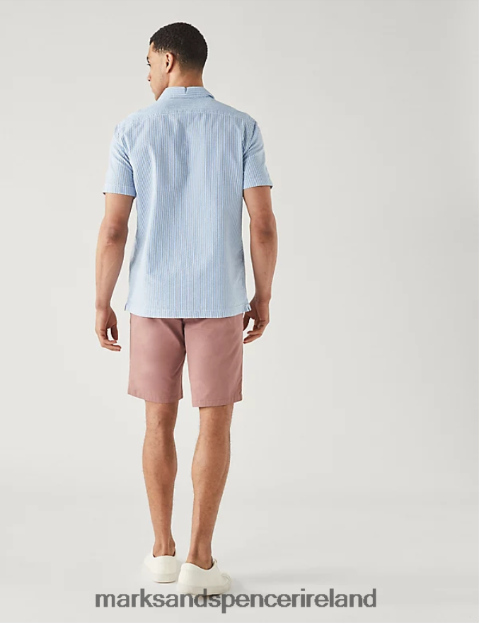Marks & Spencer Men Pure Cotton Seersucker Cuban Collar Shirt Blue Mix Clothing 2VJ8DF6551