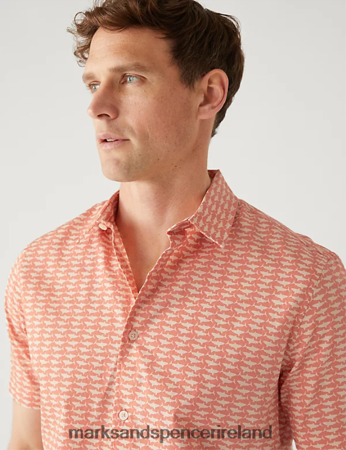 Marks & Spencer Men Pure Cotton Shark Print Shirt Coral Mix Clothing 2VJ8DF5213