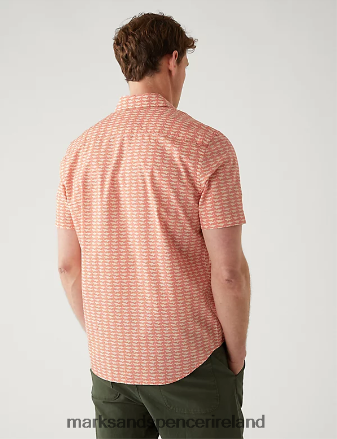 Marks & Spencer Men Pure Cotton Shark Print Shirt Coral Mix Clothing 2VJ8DF5213
