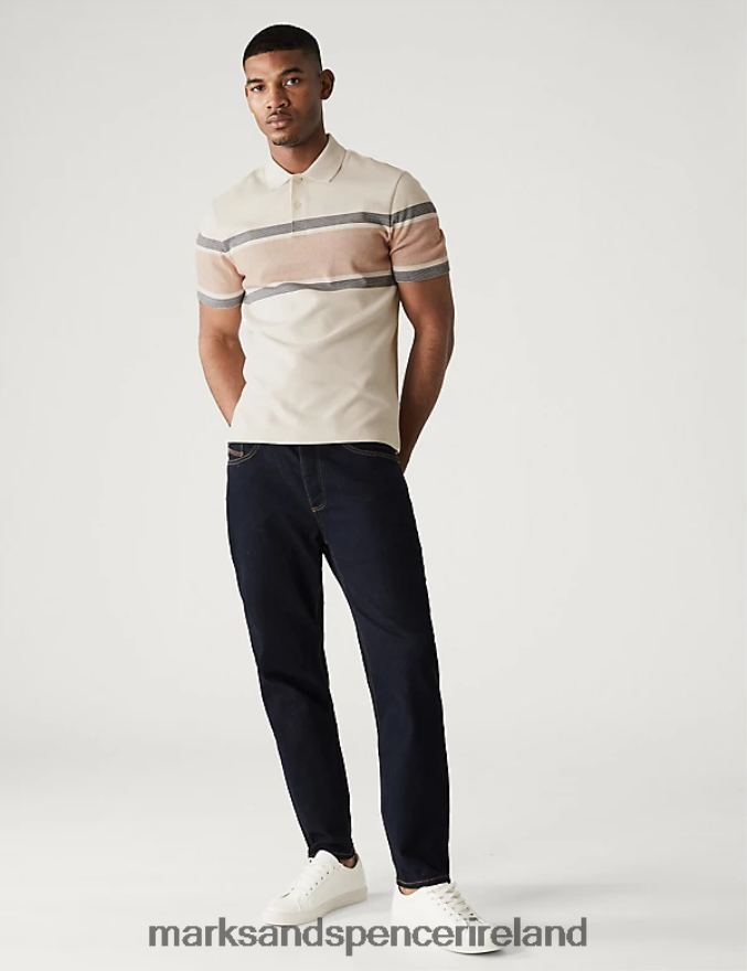 Marks & Spencer Men Pure Cotton Striped Double Knit Polo Shirt Ecru Clothing 2VJ8DF4837