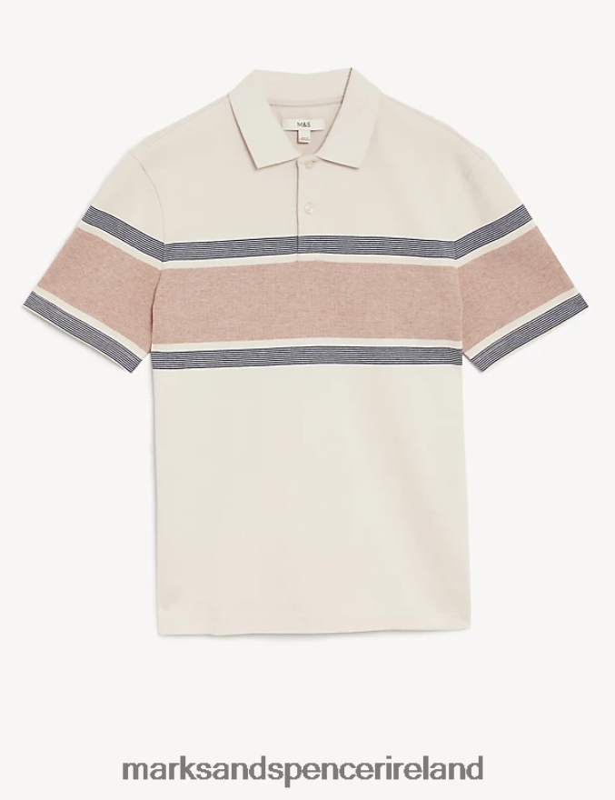 Marks & Spencer Men Pure Cotton Striped Double Knit Polo Shirt Ecru Clothing 2VJ8DF4837
