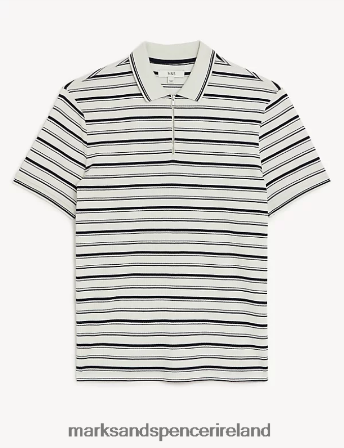 Marks & Spencer Men Pure Cotton Striped Half Zip Polo Shirt Ecru Mix Clothing 2VJ8DF5972