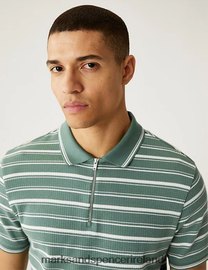 Marks & Spencer Men Pure Cotton Striped Half Zip Polo Shirt Green Mix Clothing 2VJ8DF5971