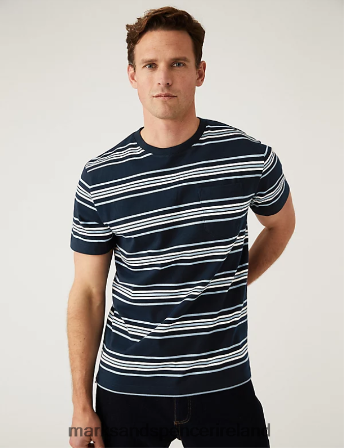 Marks & Spencer Men Pure Cotton Striped Heavy Weight T-Shirt Dark Navy Clothing 2VJ8DF6753