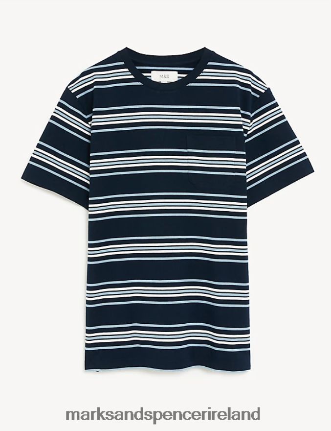 Marks & Spencer Men Pure Cotton Striped Heavy Weight T-Shirt Dark Navy Clothing 2VJ8DF6753