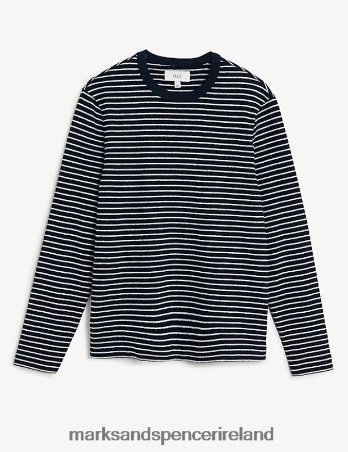 Marks & Spencer Men Pure Cotton Striped Long Sleeve T-Shirt Navy Mix Clothing 2VJ8DF4804
