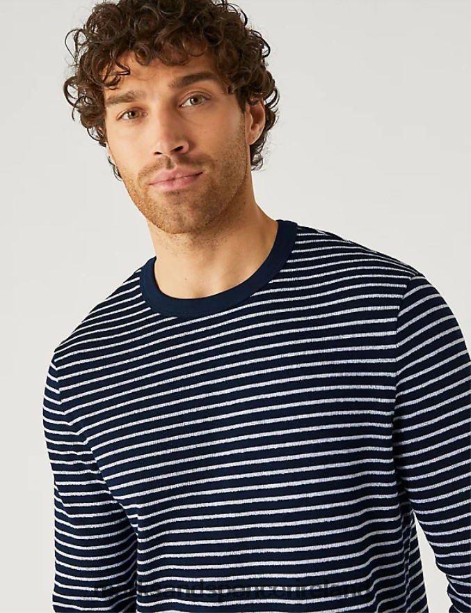Marks & Spencer Men Pure Cotton Striped Long Sleeve T-Shirt Navy Mix Clothing 2VJ8DF4804