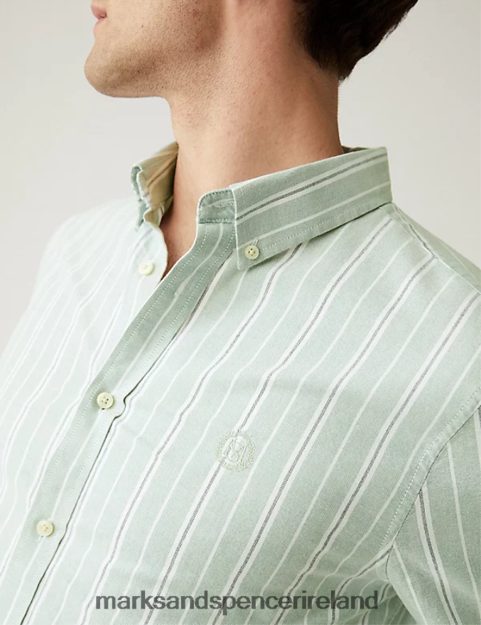 Marks & Spencer Men Pure Cotton Striped Oxford Shirt Green Mix Clothing 2VJ8DF5968
