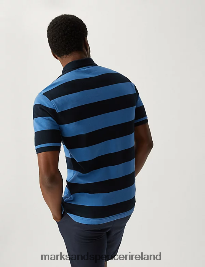 Marks & Spencer Men Pure Cotton Striped Polo Shirt Ocean Clothing 2VJ8DF5218