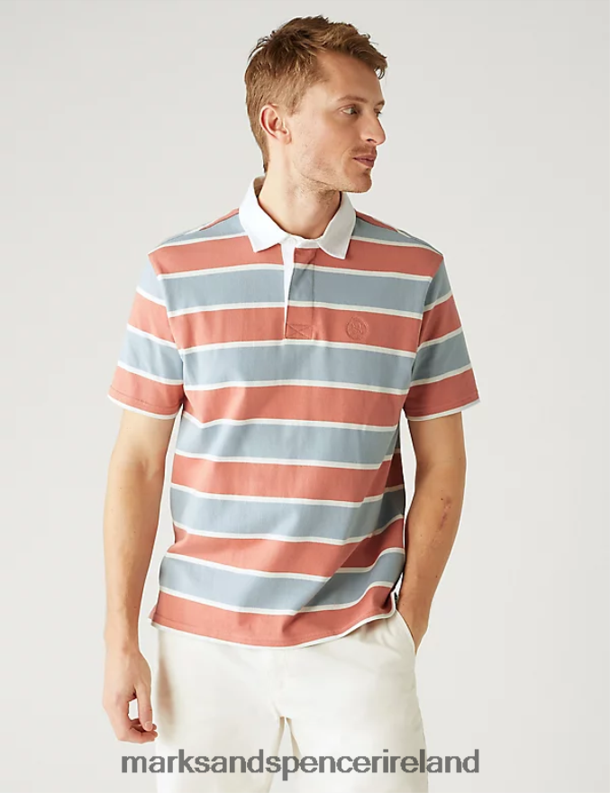 Marks & Spencer Men Pure Cotton Striped Rugby Shirt Blue Mix Clothing 2VJ8DF6545