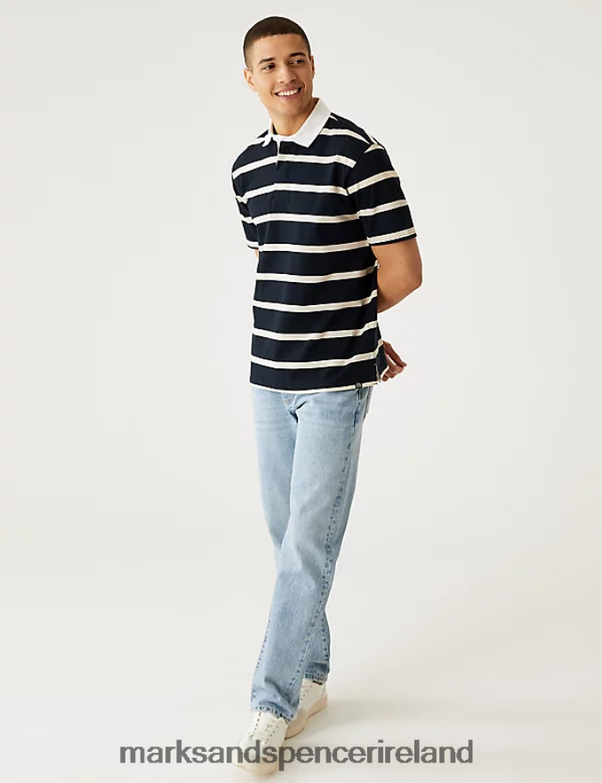 Marks & Spencer Men Pure Cotton Striped Rugby Shirt Dark Navy Clothing 2VJ8DF6656