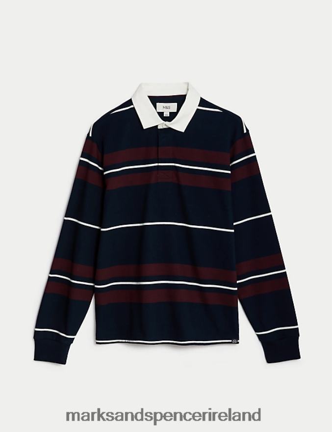 Marks & Spencer Men Pure Cotton Striped Rugby Shirt Navy Mix Clothing 2VJ8DF5370
