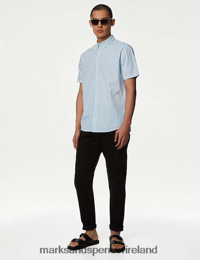 Marks & Spencer Men Pure Cotton Striped Shirt Blue Mix Clothing 2VJ8DF6809