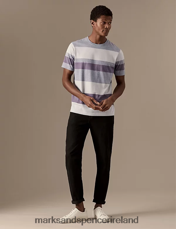 Marks & Spencer Men Pure Cotton Striped T-Shirt Dusted Plum Clothing 2VJ8DF6086