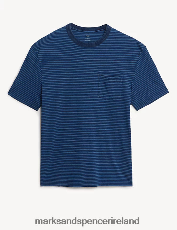 Marks & Spencer Men Pure Cotton Striped T-Shirt Indigo Mix Clothing 2VJ8DF5474