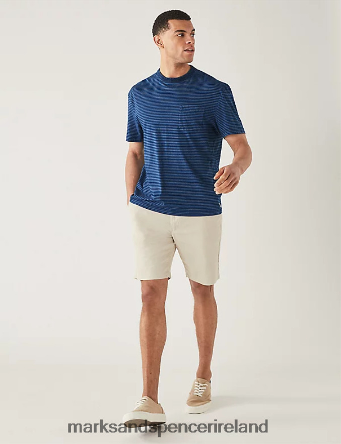 Marks & Spencer Men Pure Cotton Striped T-Shirt Indigo Mix Clothing 2VJ8DF5474
