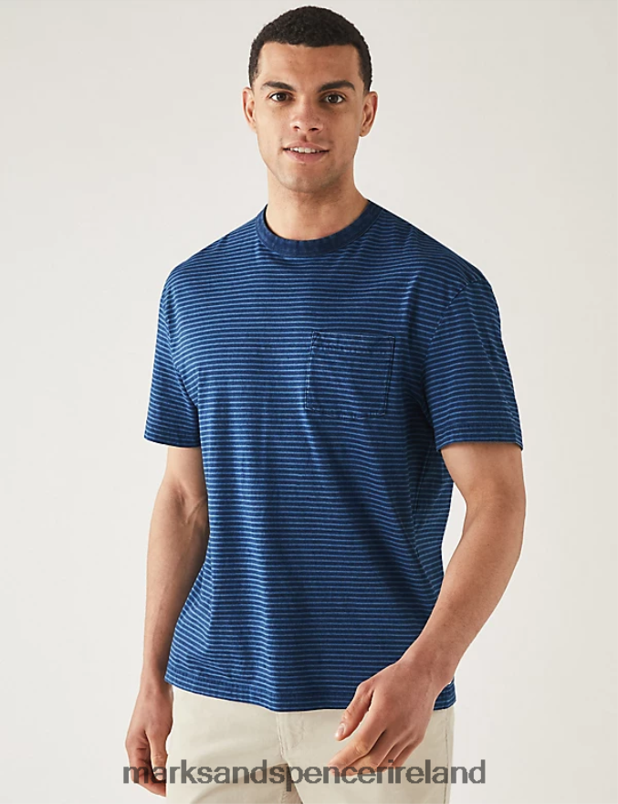 Marks & Spencer Men Pure Cotton Striped T-Shirt Indigo Mix Clothing 2VJ8DF5474