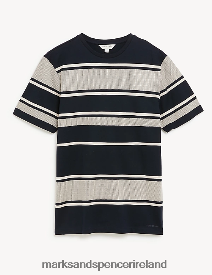 Marks & Spencer Men Pure Cotton Striped Textured T-Shirt Dark Navy Clothing 2VJ8DF6268