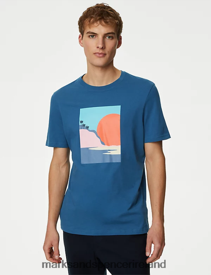 Marks & Spencer Men Pure Cotton Sunset Graphic T-Shirt Steel Blue Clothing 2VJ8DF4997