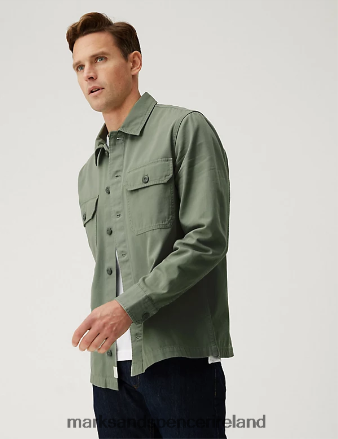 Marks & Spencer Men Pure Cotton Utility Overshirt Green Clothing 2VJ8DF5566