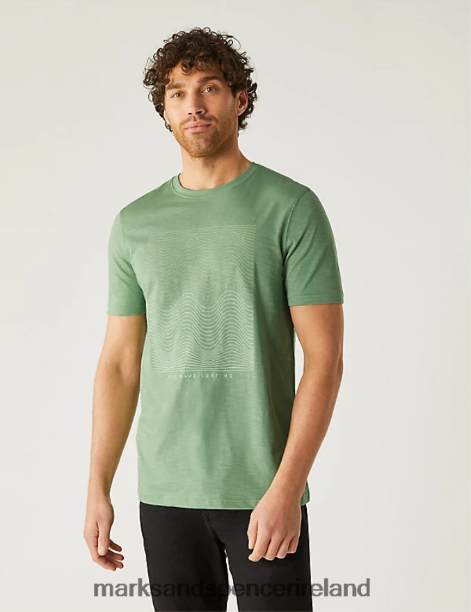 Marks & Spencer Men Pure Cotton Wave Graphic Crew Neck T-Shirt Green Clothing 2VJ8DF5047