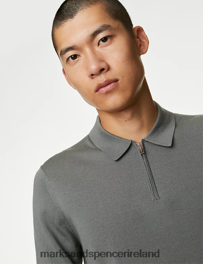 Marks & Spencer Men Pure Extra Fine Merino Wool Knitted Polo Sage Green Clothing 2VJ8DF7067