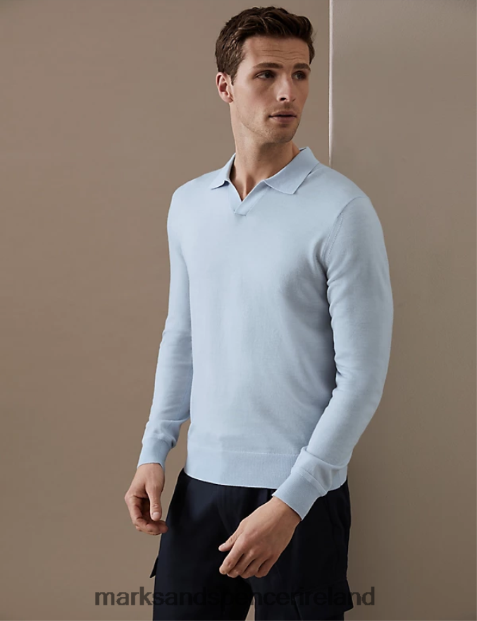 Marks & Spencer Men Pure Extra Fine Merino Wool Knitted Polo Shirt Light Blue Clothing 2VJ8DF7050