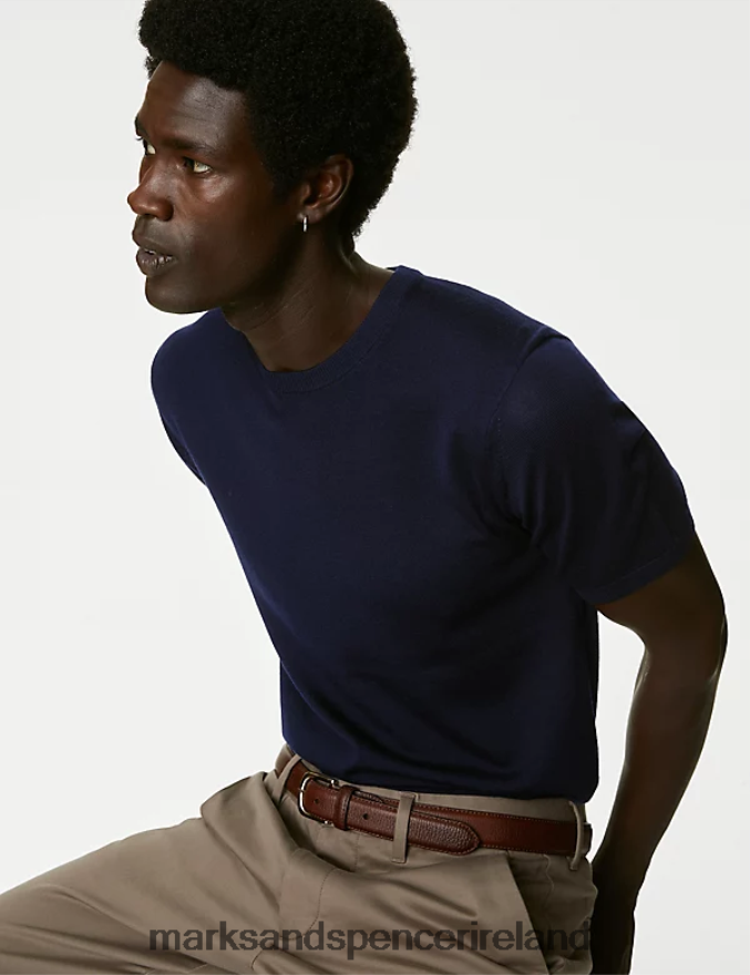 Marks & Spencer Men Pure Extra Fine Merino Wool Knitted T-Shirt Navy Clothing 2VJ8DF6727