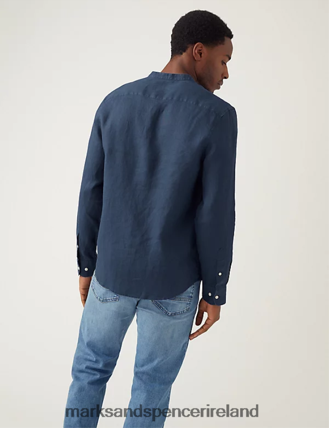 Marks & Spencer Men Pure Linen Grandad Collar Shirt Navy Clothing 2VJ8DF6491