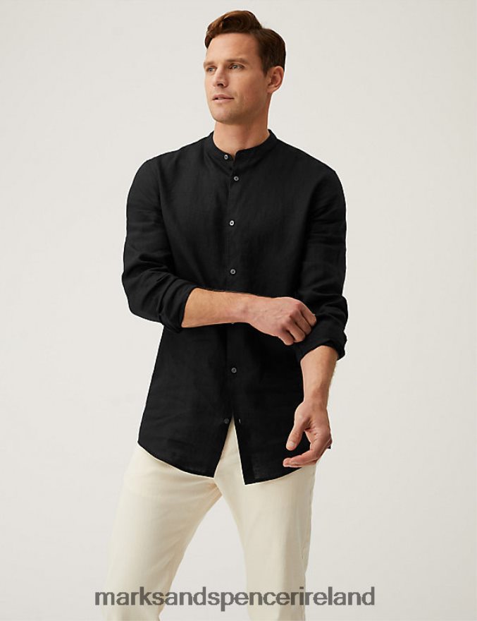 Marks & Spencer Men Pure Linen Grandad Shirt Black Clothing 2VJ8DF6982