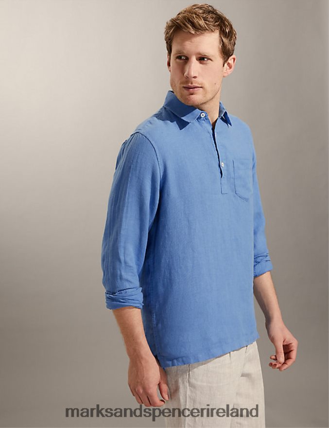 Marks & Spencer Men Pure Linen Overhead Shirt Blue Clothing 2VJ8DF6476