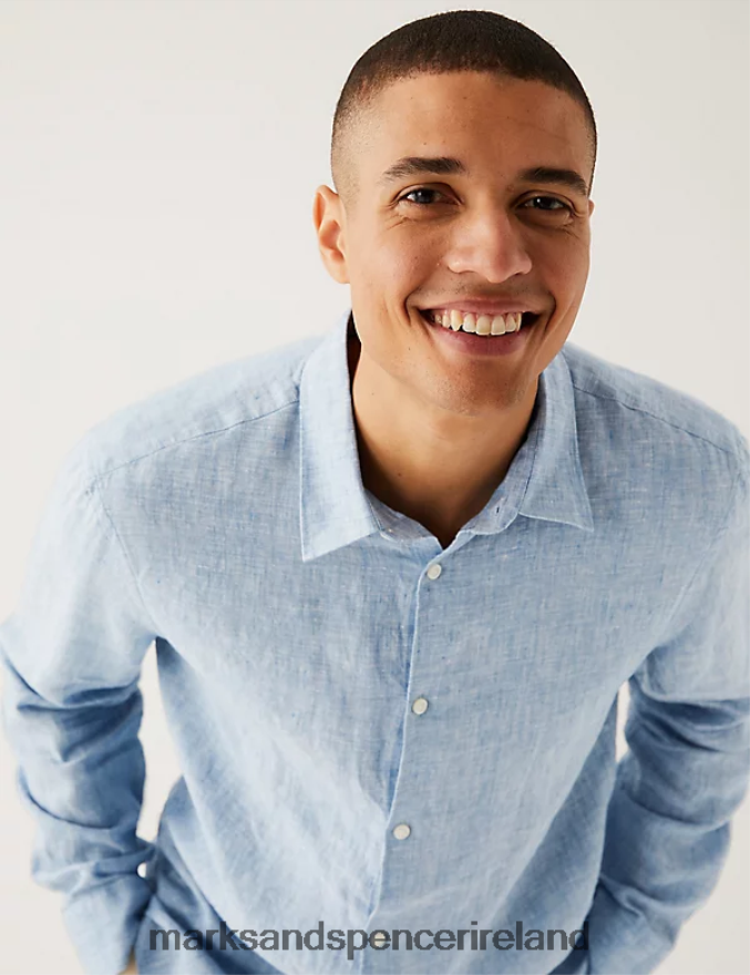 Marks & Spencer Men Pure Linen Shirt Light Blue Clothing 2VJ8DF5895