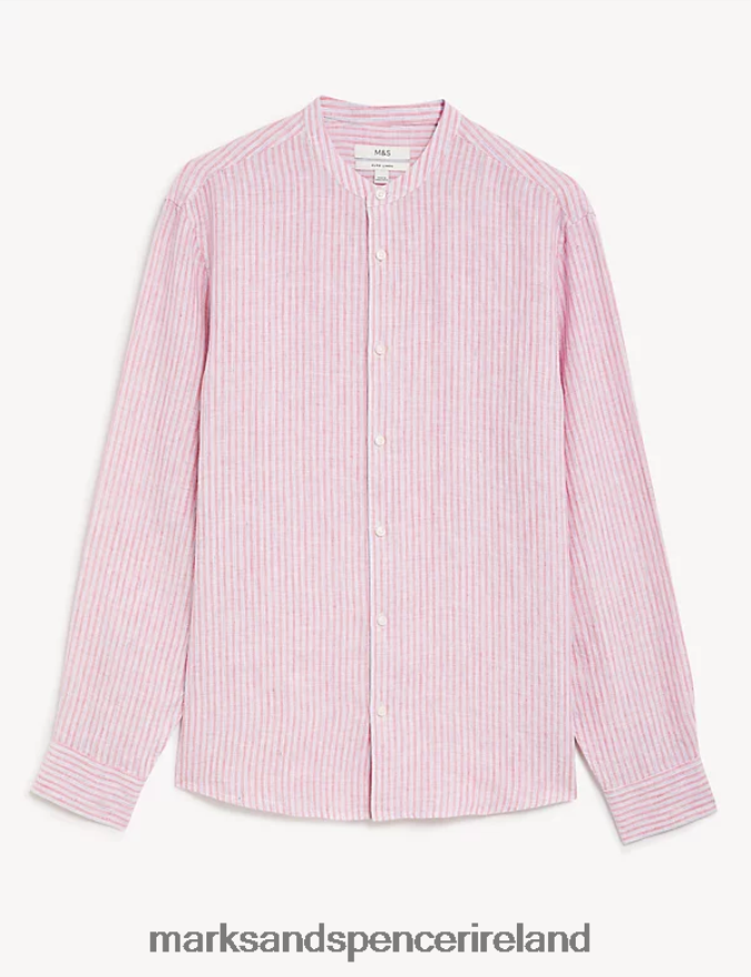 Marks & Spencer Men Pure Linen Striped Grandad Collar Shirt Pink Mix Clothing 2VJ8DF5834