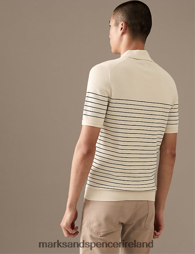 Marks & Spencer Men Pure Supima Cotton Striped Knitted Polo Shirt Ecru Mix Clothing 2VJ8DF5606