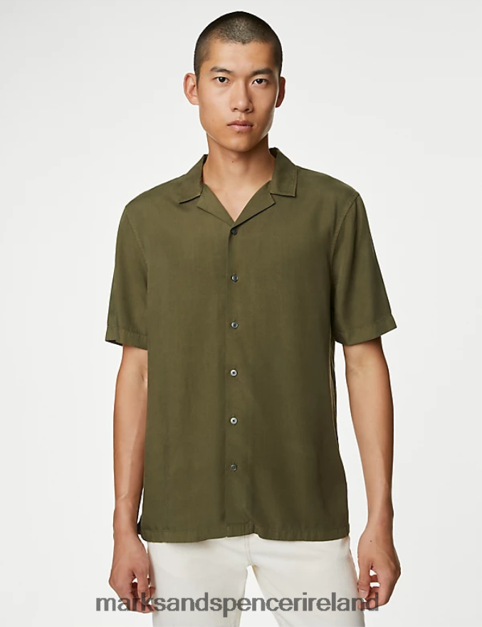 Marks & Spencer Men Pure Tencel Cuban Collar Shirt Sage Green Clothing 2VJ8DF6151