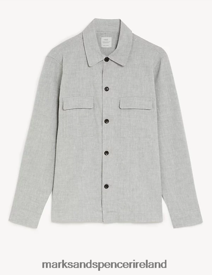 Marks & Spencer Men Regular Fit Italian Linen Miracle Overshirt Grey Clothing 2VJ8DF6345