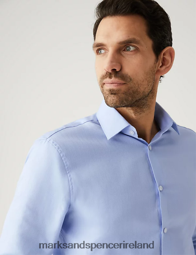 Marks & Spencer Men Regular Fit Pure Cotton Herringbone Shirt Blue Clothing 2VJ8DF6180