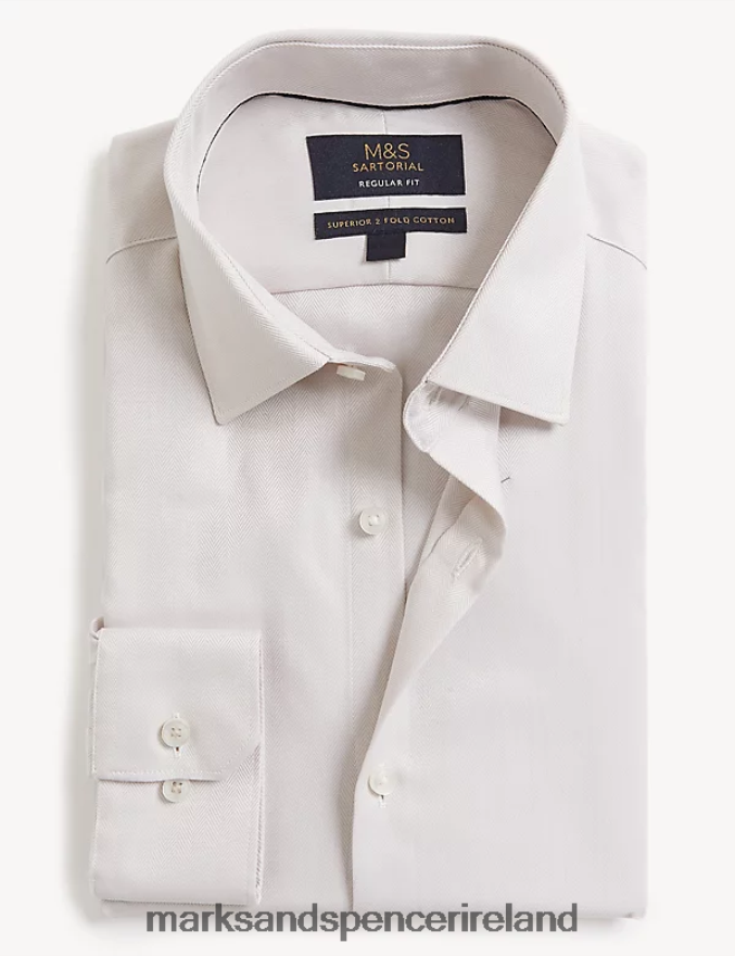 Marks & Spencer Men Regular Fit Pure Cotton Herringbone Shirt Neutral Clothing 2VJ8DF6548