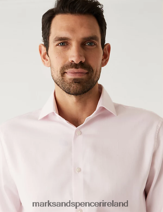 Marks & Spencer Men Regular Fit Pure Cotton Herringbone Shirt Pale Pink Clothing 2VJ8DF6728