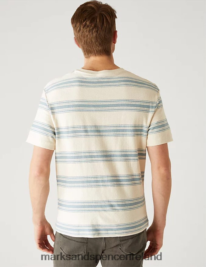 Marks & Spencer Men Relaxed Fit Pure Cotton Striped T-Shirt Light Blue Mix Clothing 2VJ8DF5712