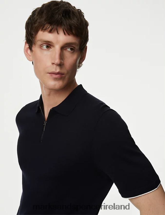 Marks & Spencer Men Silk Cotton Zip Neck Knitted Polo Shirt Dark Navy Clothing 2VJ8DF5731