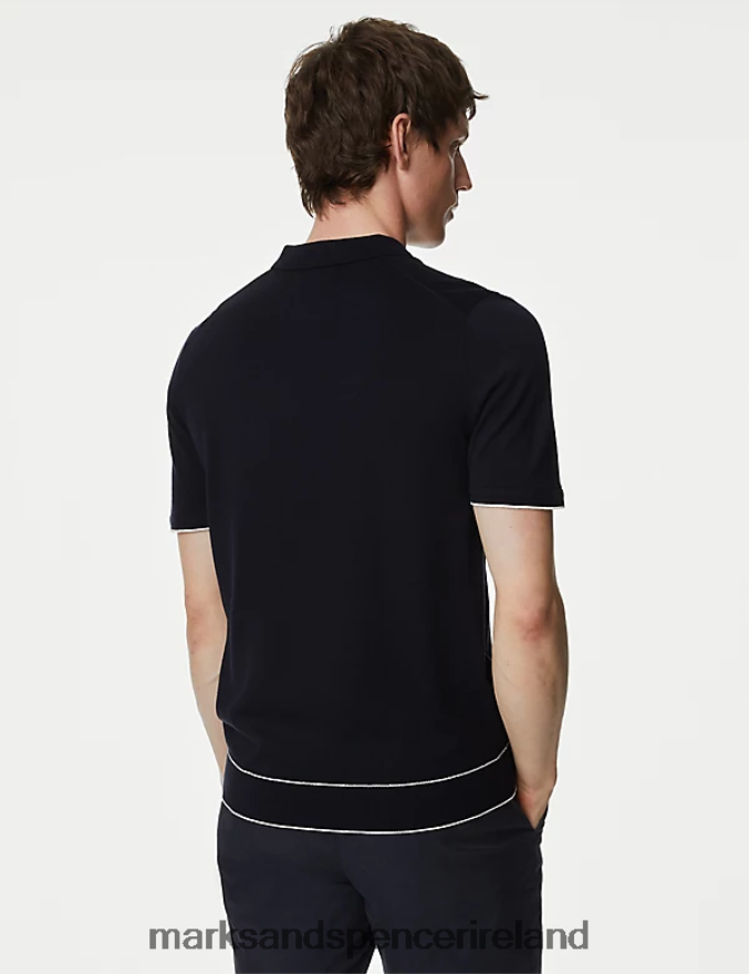 Marks & Spencer Men Silk Cotton Zip Neck Knitted Polo Shirt Dark Navy Clothing 2VJ8DF5731