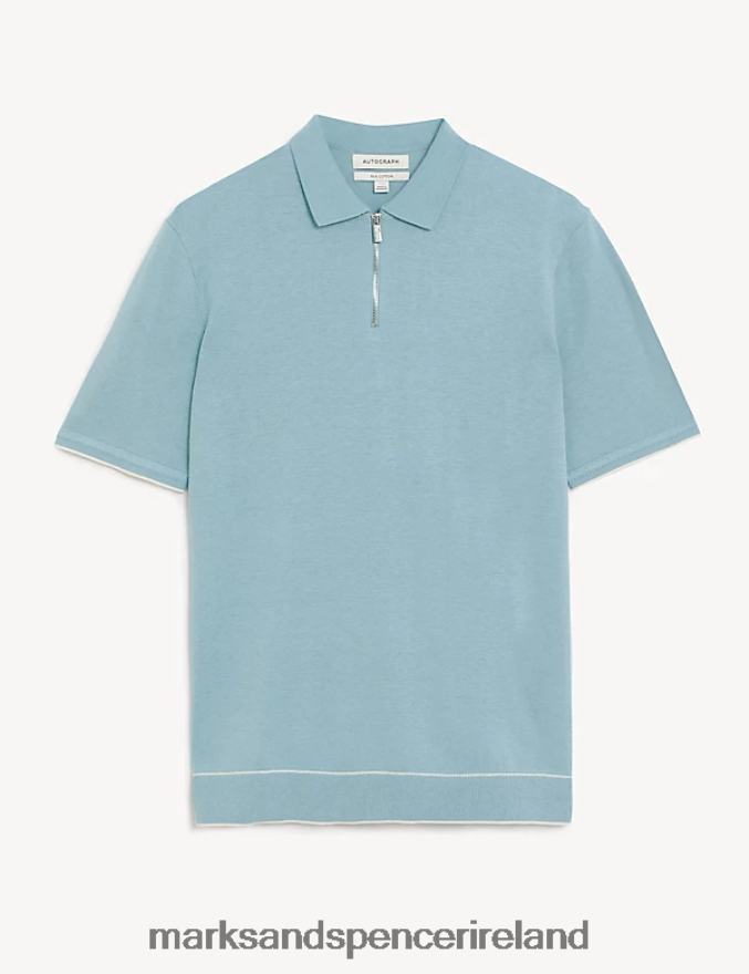 Marks & Spencer Men Silk Cotton Zip Neck Knitted Polo Shirt Duck Egg Clothing 2VJ8DF6106