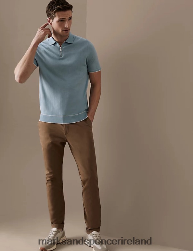 Marks & Spencer Men Silk Cotton Zip Neck Knitted Polo Shirt Duck Egg Clothing 2VJ8DF6106