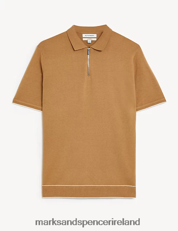 Marks & Spencer Men Silk Cotton Zip Neck Knitted Polo Shirt Soft Bronze Clothing 2VJ8DF6105