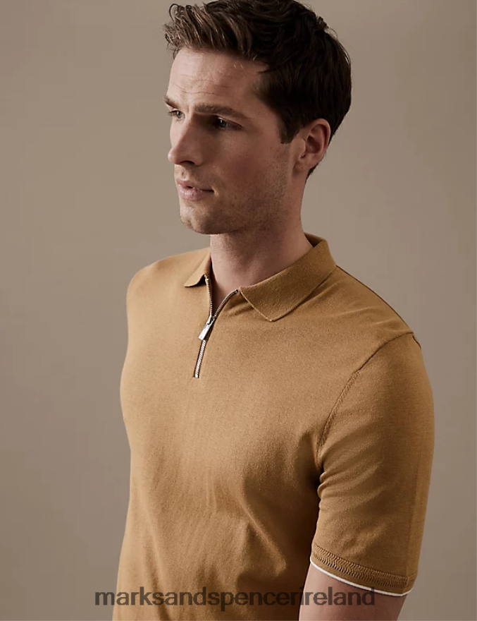 Marks & Spencer Men Silk Cotton Zip Neck Knitted Polo Shirt Soft Bronze Clothing 2VJ8DF6105