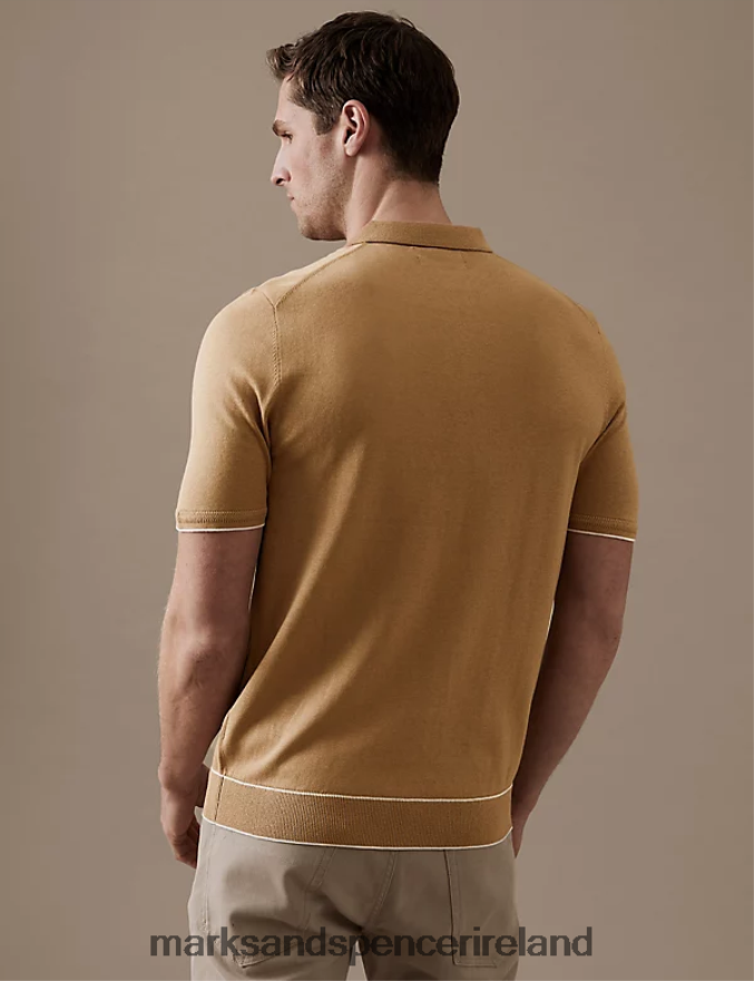 Marks & Spencer Men Silk Cotton Zip Neck Knitted Polo Shirt Soft Bronze Clothing 2VJ8DF6105
